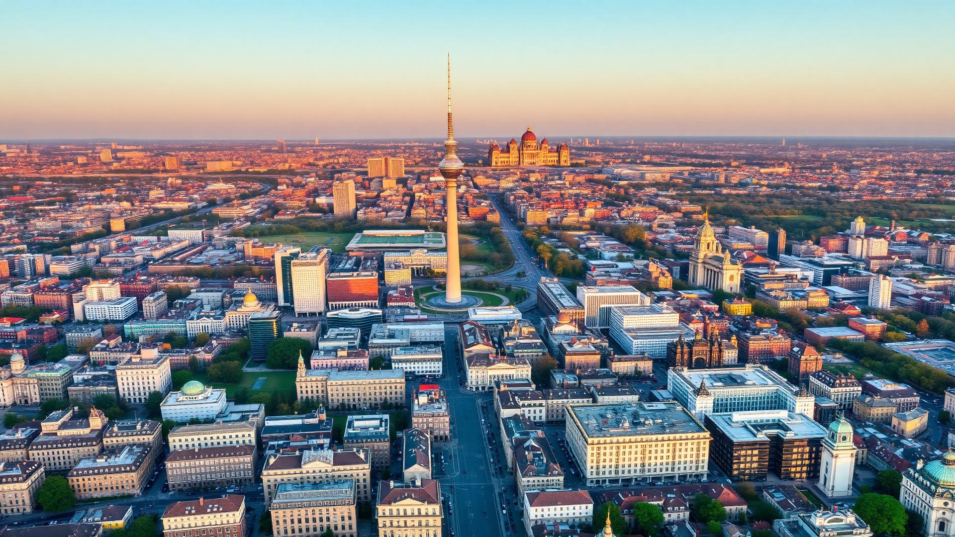Aerial view of the Berlin TV Tower (Fernsehturm) and city center